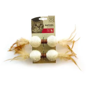 Two cream and brown raffia string dumbelles with feathers attached to either end