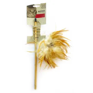Wooden wand cat toy with elastic string and a tuft of super soft feathers attached to string
