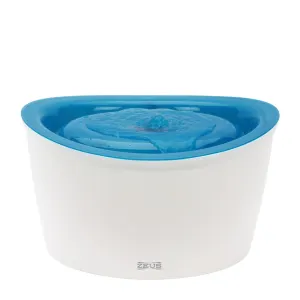 Light blue and white plastic oval shaped dog drinking fountain