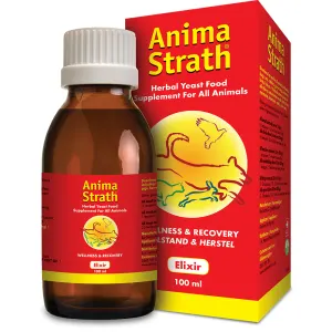 Red box with bottle of Anima-strath multi-vitamin for dogs and cats