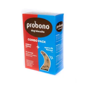 Box of Probono original and spare rib combo pack of dog biscuits