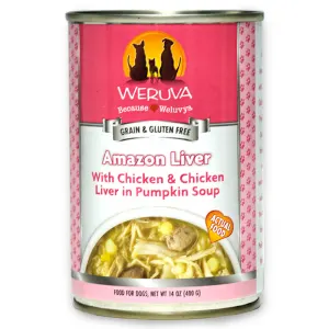 Pink tin of Weruva Amazon Liver wet dog food
