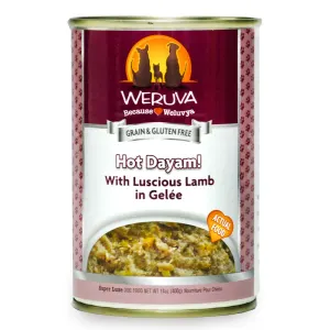 Burgandy tin of Weruva Hot Dayam wet fog food