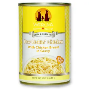 Yellow tin of wet chicken Weruva dog food