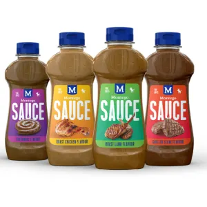 4 flavours of bottles of Montego sauces for dogs