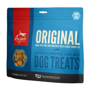 Blue bag of Orijen Original Freeze Dried Dog Treats