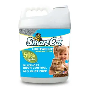 Plastic bottle with blue label of Smartcat Clay cat litter