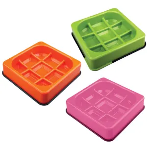 Pink, green and pink waffle shaped anti scoff dog bowls