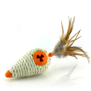 Sisal covered cone shaped cat toy with feathers