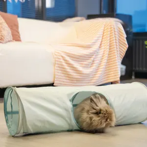 tunnel in living room setting with fluffy bunny inside the mint tunnel for small pets