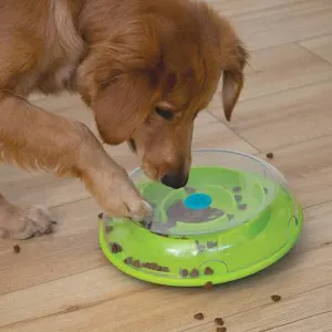 Lifestyle image of dog using wobble bowl