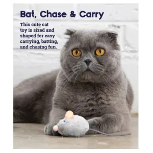 Squeak Squeak Mouse Cat Toy Bat an chase cat toy lifestyle picture with grey cat