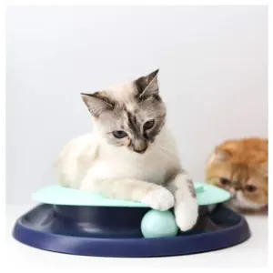 Lay 'n Play Track Cat Toy Lifestyle with white Cat on top of toy