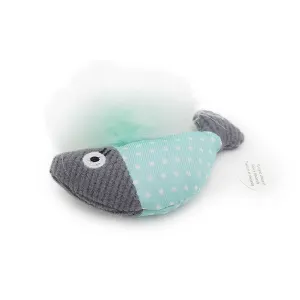 Catnip Tune Chaser Fish front view light blue and grey with feathers