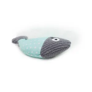 Catnip tune chaser fish side view light blue and grey fish with feathers