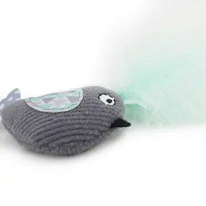 Catnip tune chaser bird side view grey and light blue with feathers