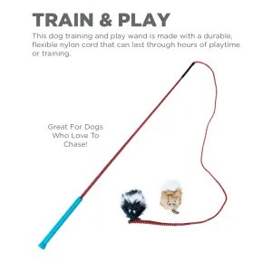 blue and red tail teaser with fluffy small animals on red wire