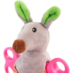 grey, with green and pink accent dog toy