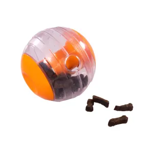 orange and clear colored dog treat toy with brown treats
