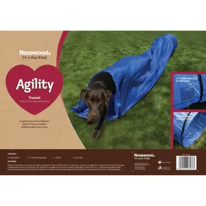 Rosewood Agility Tunnel packaging with black dog in front