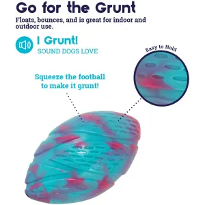 Grunt Fetch Football Dog Toy blue and pink go for the grunt