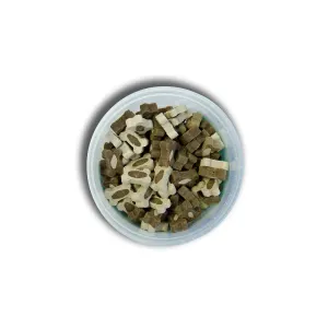 Probono Mini Bones Dog Chews inside packaging with brown and white bone shaped treats