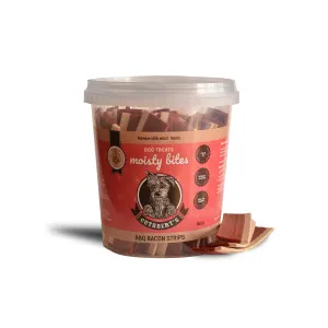 BBQ Bacon Strips Dog Treats inside packaging with bacon strips on the side