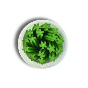 Dental Sticks Dog Treats inside packaging with green star shaped sticks