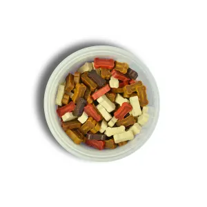 Mini Bones Dog Treats inside view with brown, red and white mini  bones