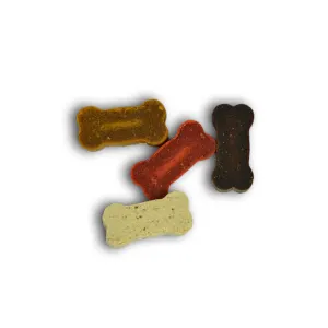 Mini Bones Dog Treats tope view with brown, red and white mini bones