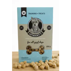 Training Treats Dog Biscuits front view blue packaging with brown treats on the side