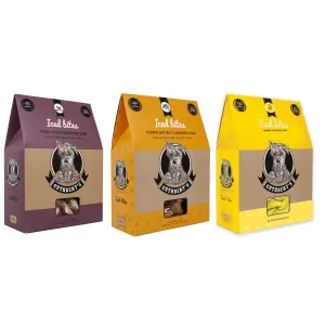 Iced Dog Biscuits purple, orange and yellow packaging group shot
