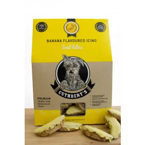 Iced Dog Biscuits yellow packaging banana flavor with banana shaped biscuits on the side