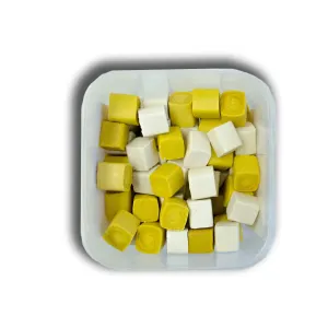 Probono Juicy Jaggers Dog Chews top view yellow and white cube treats