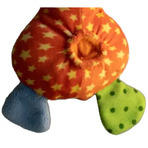 Rosewood Little Nippers Laughy Lamb close up of orange belly with yellow stars, and blue and green polka dot feet