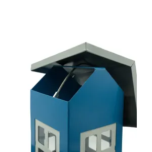 House Feeder For Birds - Blue with metal lid ajar