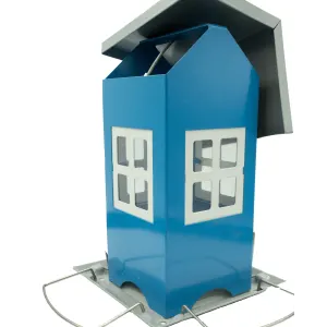 House Feeder For Birds - Blue with lid open and metal stands out