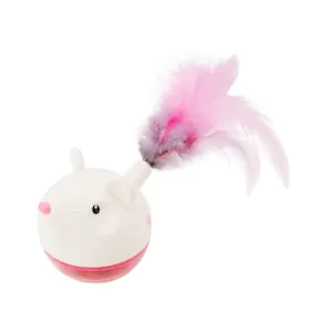 Hunt ‘n Swat Treat Tumbler Cat Toy out of packaging pink and white with pink feathers