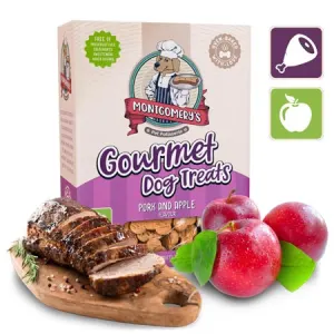 Montgomery’s Pork And Apple Dog Biscuits in carton packaging