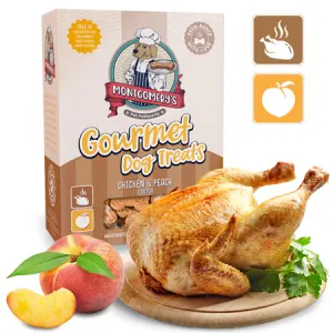 Montgomery’s Chicken And Peach Dog Biscuits in carton packaging