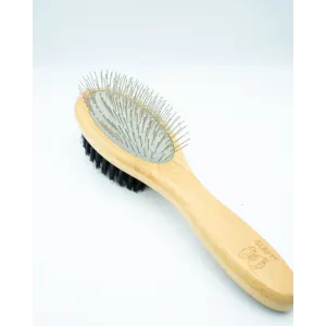 Bamboo Double-Sided Pin Brush with metal pins and soft bristles, bamboo handle