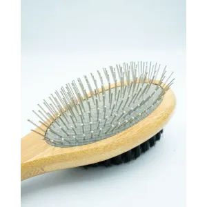 Bamboo Double-Sided Pin Brush close up of metal pins