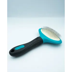 Oval Slicker Brush For Dogs side profile black handle with blue accents
