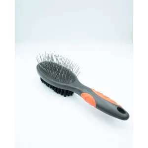 Double Sided Grooming Brush for Dogs full view with black design and red rubber handle