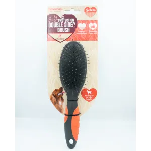 Double Sided Grooming Brush for Dogs in packaging with black design and red rubber handles