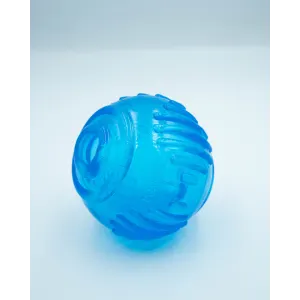 Orka Tennis Ball Dog Toy close up of ball on angled view, blue rubber
