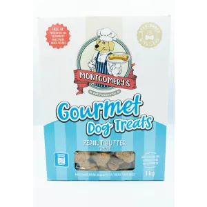 Montgomery’s Peanut Butter Dog Biscuits carton box with light blue colors
