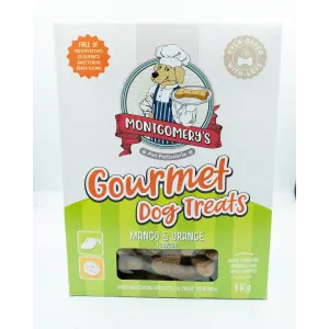 Montgomery’s Mango and Orange Dog Biscuits in carton box with lime green colors