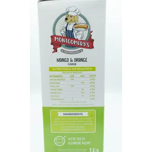 Montgomery’s Mango and Orange Dog Biscuits side of box with ingredient list