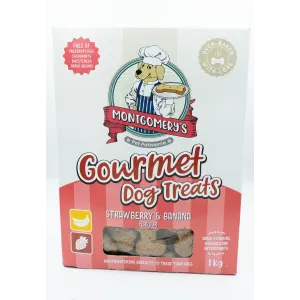 Montgomery’s Strawberry and Banana Dog Biscuits carton packaging with red colors
